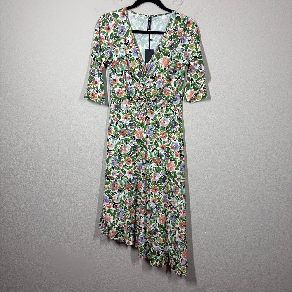 Viereck Medium Asymmetric Injeanous Dress Hart Green Floral Ruched Front V Neck